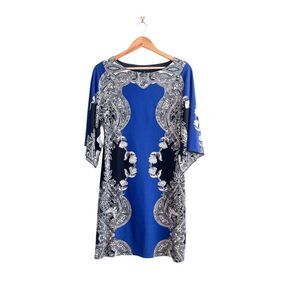 Saint Tropez West Dress Blue Black White Floral Sleeve Detail Women's 8 Stretch